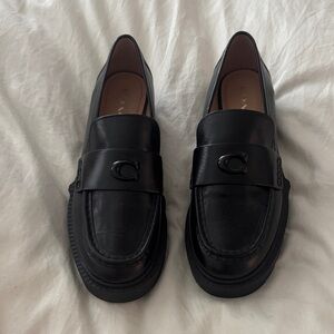 Coach Black Leather Penny Loafers with Logo Accent